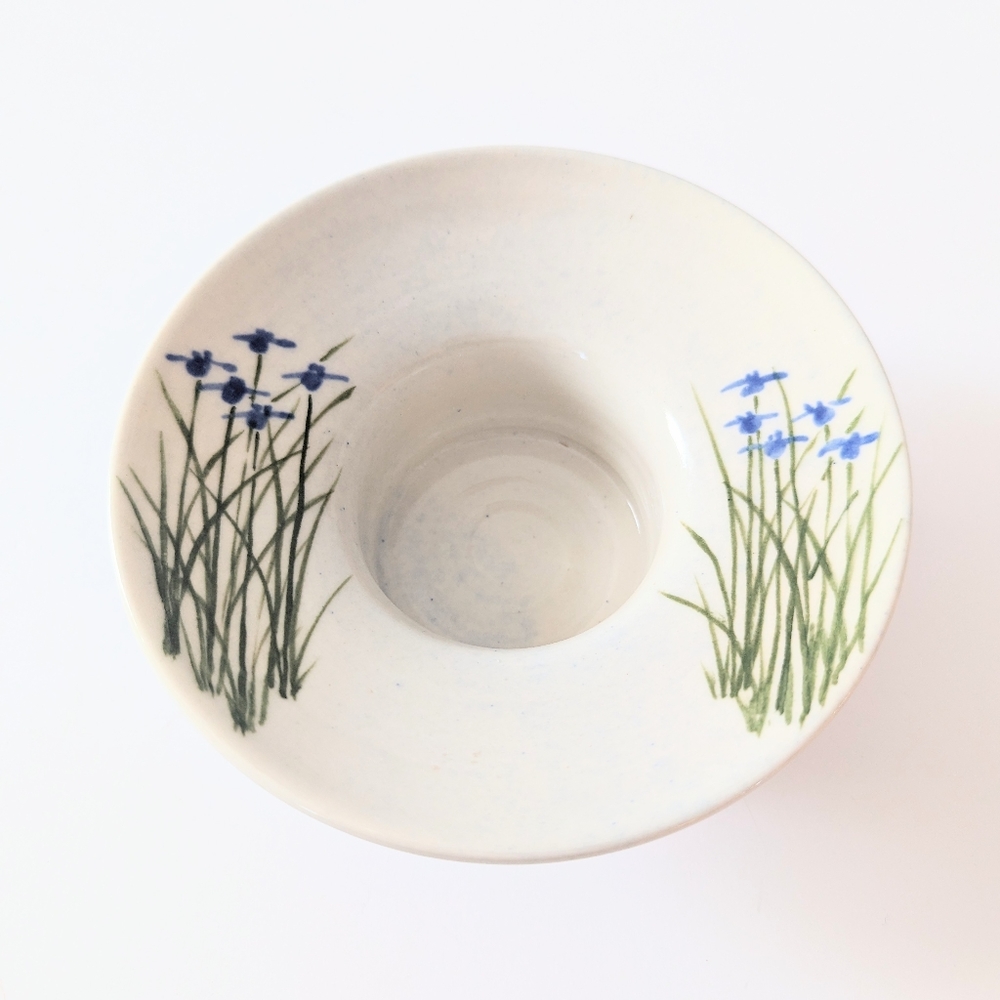 Art Pottery Small Ceramic Vase Blue Painted Iris Flowers Pin Flower Frog